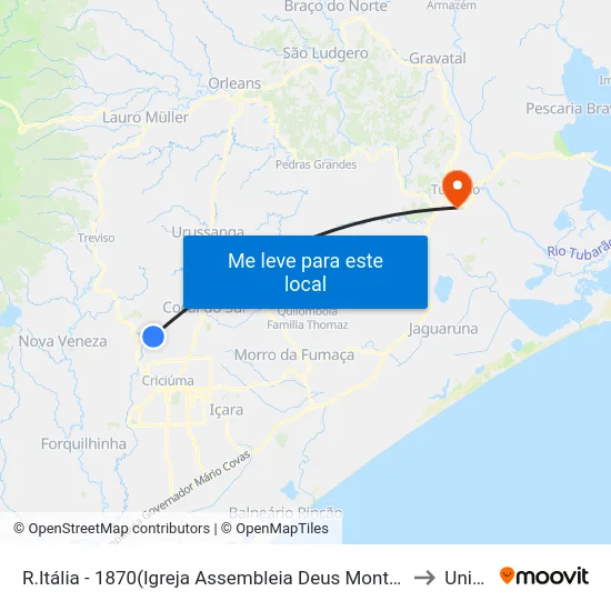 R.Itália - 1870(Igreja Assembleia Deus Montenegro) to Unisul map