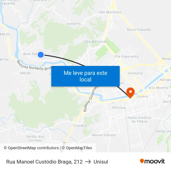 Rua Manoel Custódio Braga, 212 to Unisul map