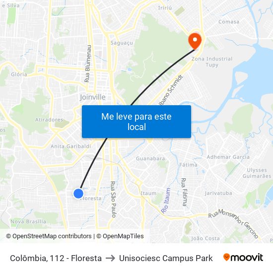 Colômbia, 112 - Floresta to Unisociesc Campus Park map