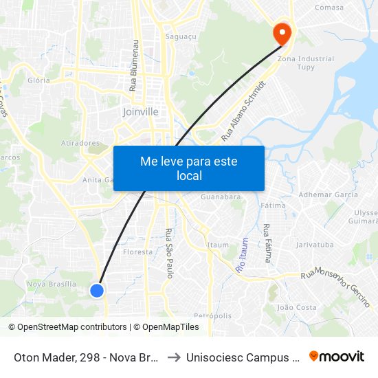 Oton Mader, 298 - Nova Brasília to Unisociesc Campus Park map