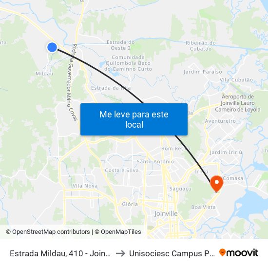 Estrada Mildau, 410 - Joinville to Unisociesc Campus Park map