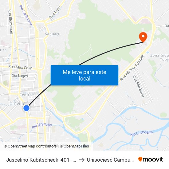 Juscelino Kubitscheck, 401 - Centro to Unisociesc Campus Park map