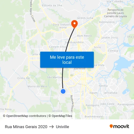 Rua Minas Gerais 2020 to Univille map