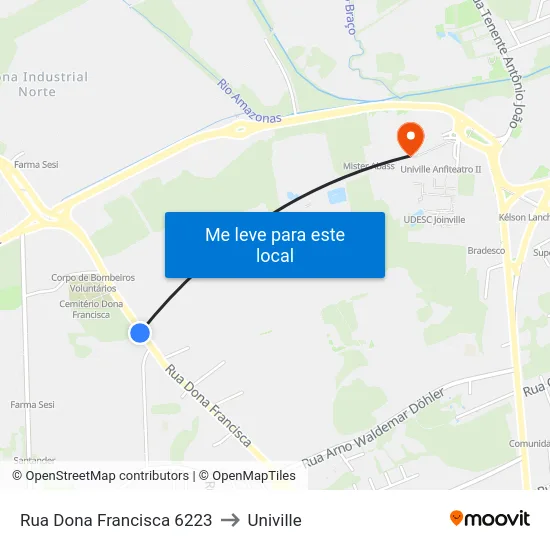 Rua Dona Francisca 6223 to Univille map