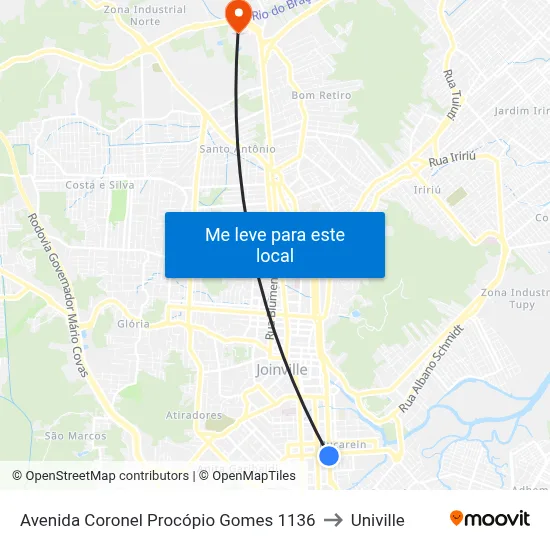 Avenida Coronel Procópio Gomes 1136 to Univille map