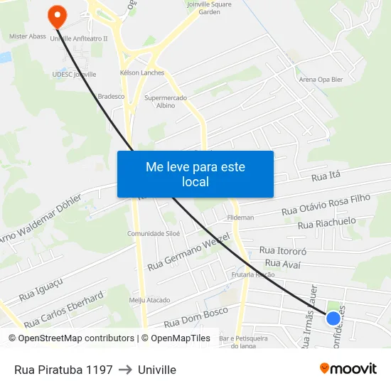 Rua Piratuba 1197 to Univille map