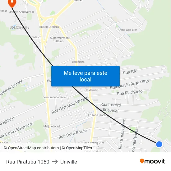 Rua Piratuba 1050 to Univille map