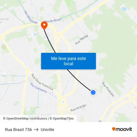 Rua Brasil 736 to Univille map