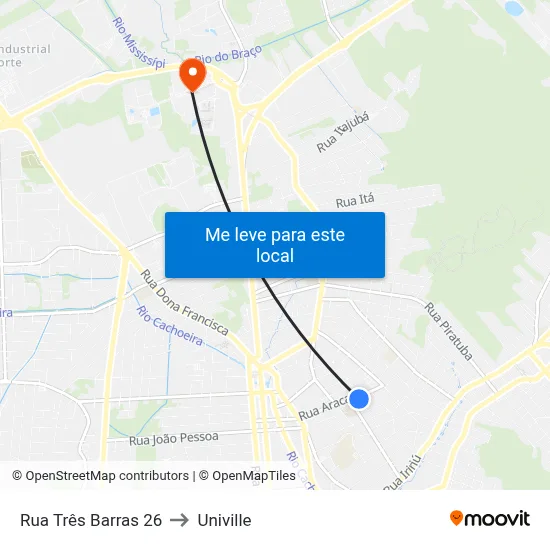 Rua Três Barras 26 to Univille map