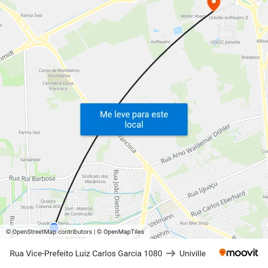 Rua Vice-Prefeito Luiz Carlos Garcia 1080 to Univille map
