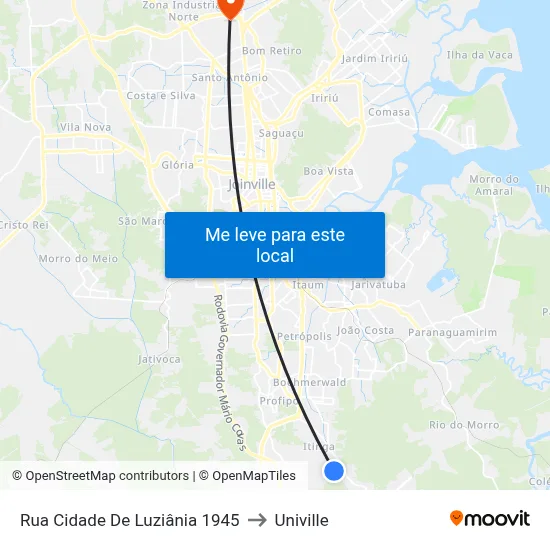 Rua Cidade De Luziânia 1945 to Univille map