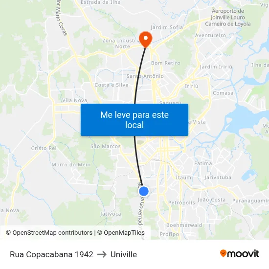 Rua Copacabana 1942 to Univille map