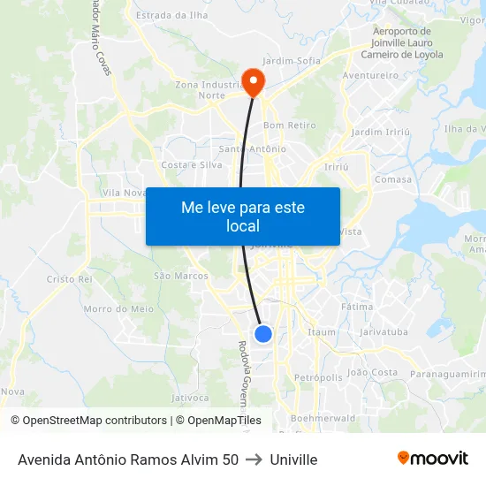 Avenida Antônio Ramos Alvim 50 to Univille map