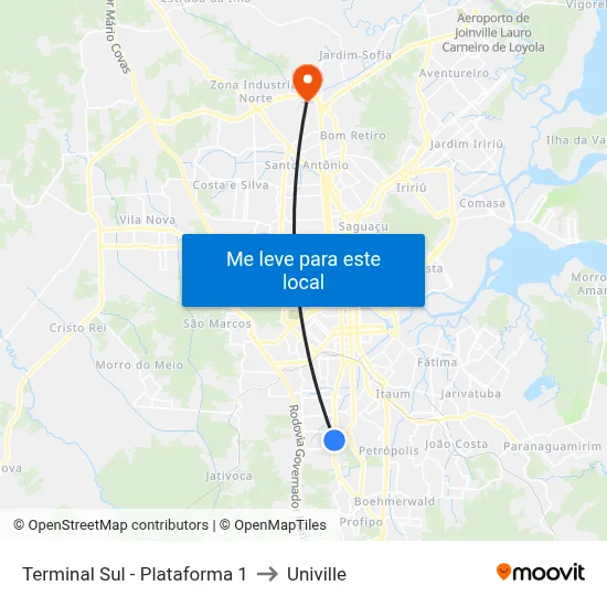 Terminal Sul - Plataforma 1 to Univille map