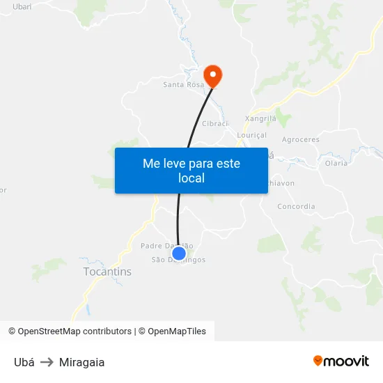Ubá to Miragaia map