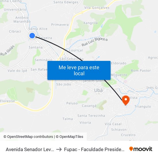 Avenida Senador Levindo Coelho/Itatiaia to Fupac - Faculdade Presidente Antônio Carlos De Ubá map