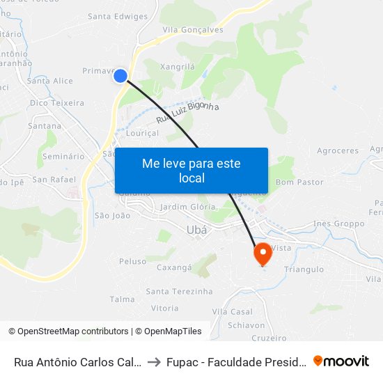 Rua Antônio Carlos Calafa / Camillo Dos Santos to Fupac - Faculdade Presidente Antônio Carlos De Ubá map