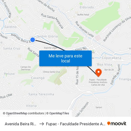 Avenida Beira Rio,1086-1230 to Fupac - Faculdade Presidente Antônio Carlos De Ubá map