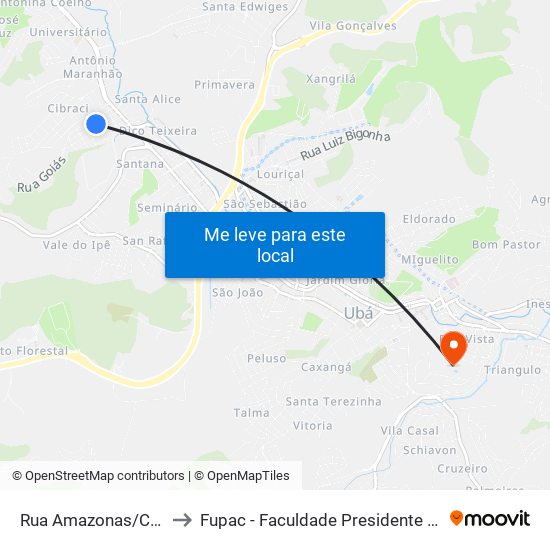 Rua Amazonas/Chiquito Gazola to Fupac - Faculdade Presidente Antônio Carlos De Ubá map