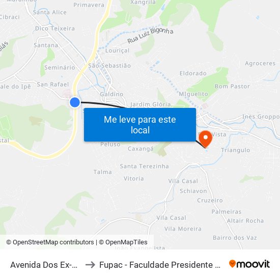 Avenida Dos Ex-Combatentes to Fupac - Faculdade Presidente Antônio Carlos De Ubá map