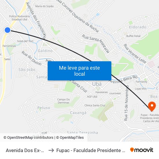 Avenida Dos Ex-Combatentes to Fupac - Faculdade Presidente Antônio Carlos De Ubá map