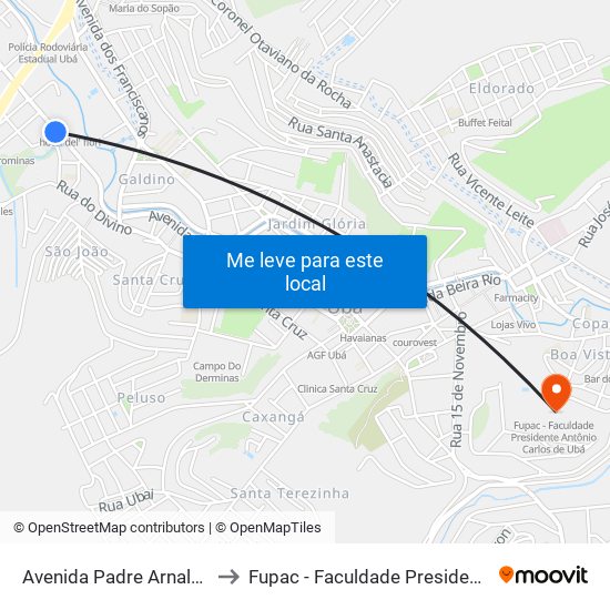 Avenida Padre Arnaldo Jansem, 433-481 to Fupac - Faculdade Presidente Antônio Carlos De Ubá map
