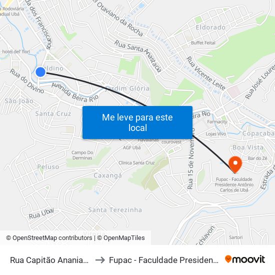 Rua Capitão Ananias T De Abreu, 1518 to Fupac - Faculdade Presidente Antônio Carlos De Ubá map