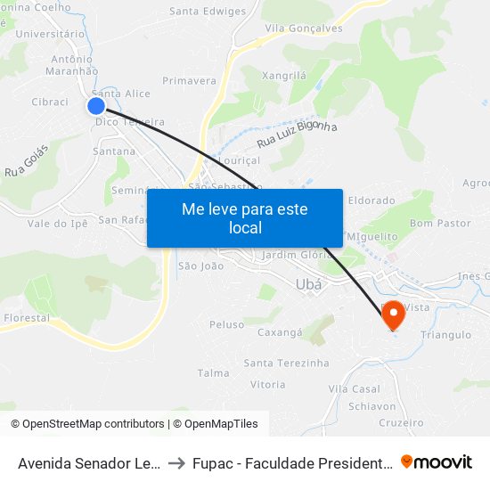 Avenida Senador Levindo Coelho, 160 to Fupac - Faculdade Presidente Antônio Carlos De Ubá map