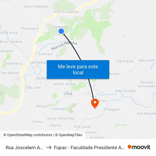 Rua Joscelem Azevedo, 227 to Fupac - Faculdade Presidente Antônio Carlos De Ubá map
