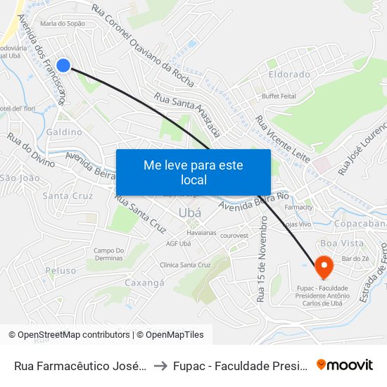 Rua Farmacêutico José Rodrigues De Andrade, 190 to Fupac - Faculdade Presidente Antônio Carlos De Ubá map
