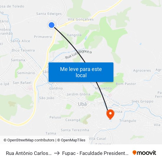 Rua Antônio Carlos Calafa, 462-490 to Fupac - Faculdade Presidente Antônio Carlos De Ubá map