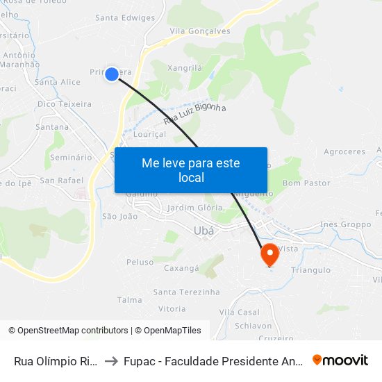 Rua Olímpio Ribeiro, 169 to Fupac - Faculdade Presidente Antônio Carlos De Ubá map