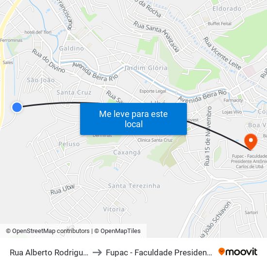 Rua Alberto Rodrigues Baião, 530-560 to Fupac - Faculdade Presidente Antônio Carlos De Ubá map