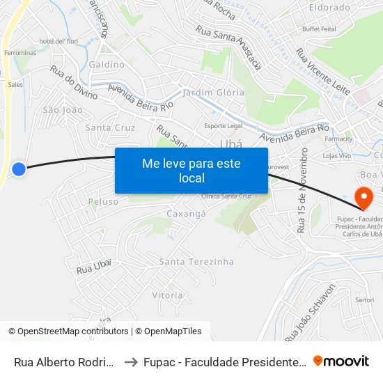 Rua Alberto Rodrigues Baião, 644 to Fupac - Faculdade Presidente Antônio Carlos De Ubá map