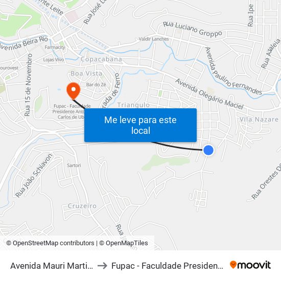 Avenida Mauri Martins De Oliveira, 228 to Fupac - Faculdade Presidente Antônio Carlos De Ubá map
