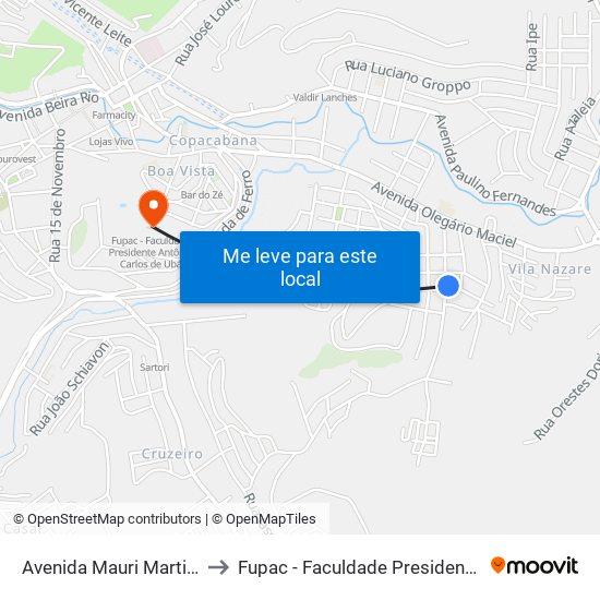 Avenida Mauri Martins De Oliveira, 151 to Fupac - Faculdade Presidente Antônio Carlos De Ubá map