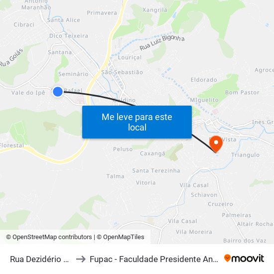 Rua Dezidério Zanelli 350 to Fupac - Faculdade Presidente Antônio Carlos De Ubá map