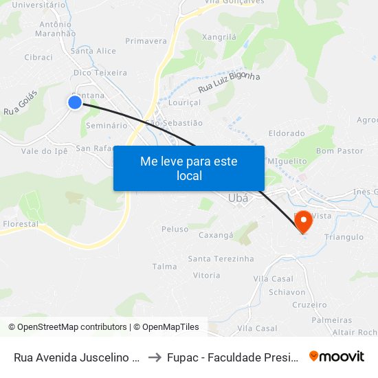Rua Avenida Juscelino Kubitscheck De Oliveira 12 to Fupac - Faculdade Presidente Antônio Carlos De Ubá map