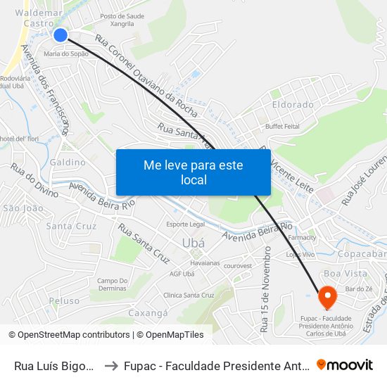 Rua Luís Bigonha, 1-125 to Fupac - Faculdade Presidente Antônio Carlos De Ubá map