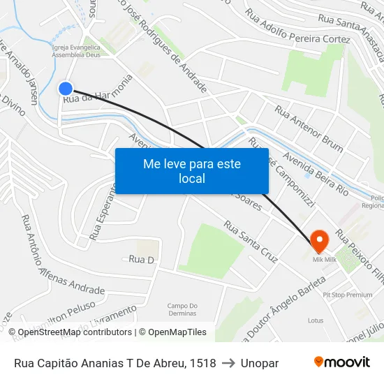 Rua Capitão Ananias T De Abreu, 1518 to Unopar map