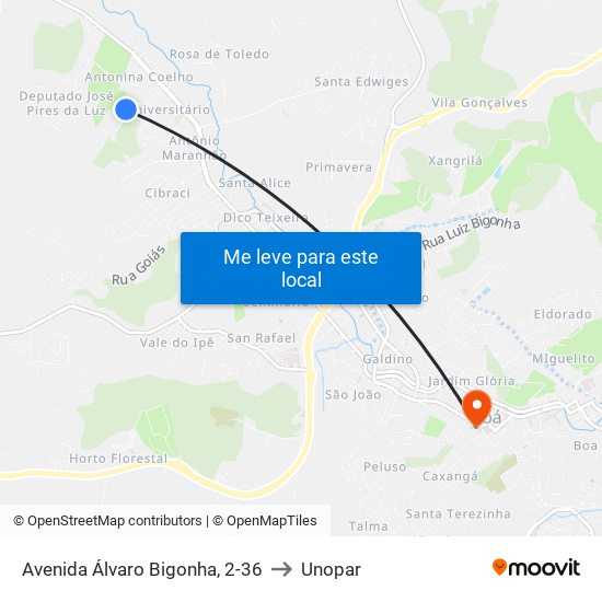 Avenida Álvaro Bigonha, 2-36 to Unopar map