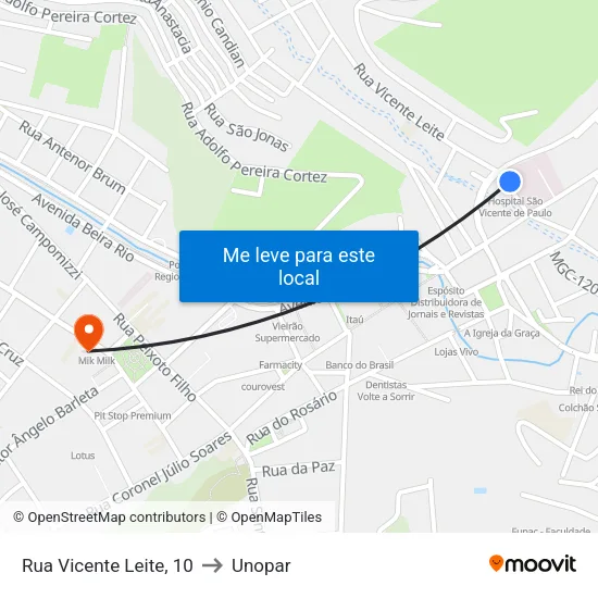 Rua Vicente Leite, 10 to Unopar map
