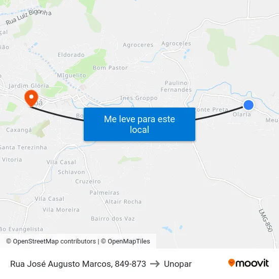 Rua José Augusto Marcos, 849-873 to Unopar map