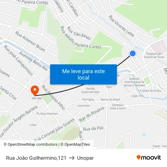 Rua João Guilhermino,121 to Unopar map