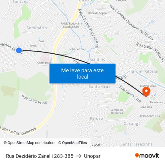 Rua Dezidério Zanelli 283-385 to Unopar map