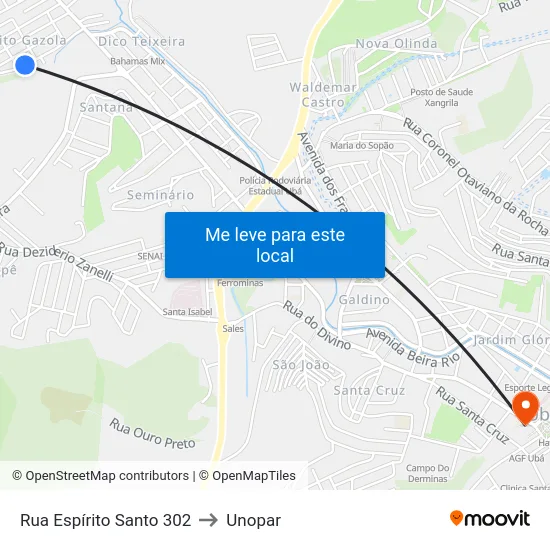 Rua Espírito Santo 302 to Unopar map
