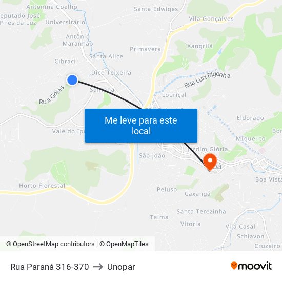 Rua Paraná 316-370 to Unopar map