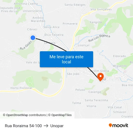 Rua Roraima 54-100 to Unopar map
