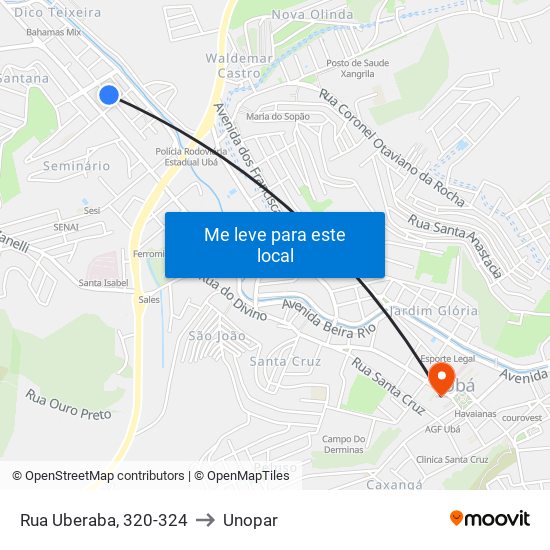 Rua Uberaba, 320-324 to Unopar map