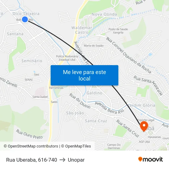 Rua Uberaba, 616-740 to Unopar map